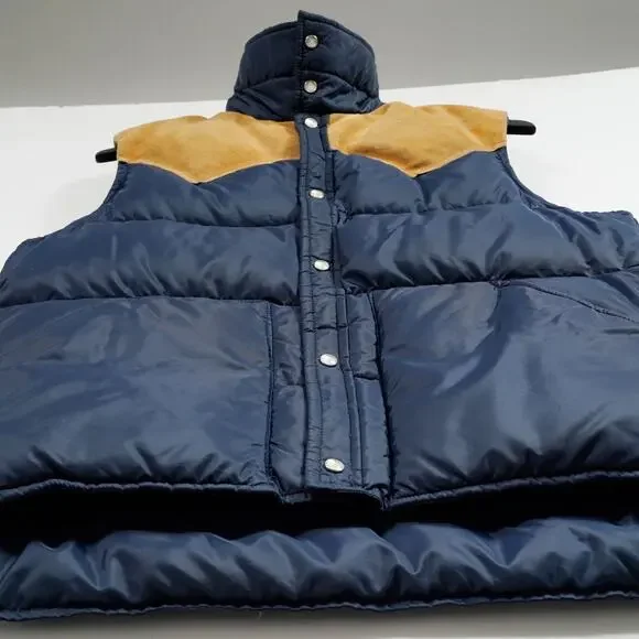 Vintage Woolrich Down Puffer Vest Suede Yoke Navy Brown Men’s Medium - Picture 11 of 11